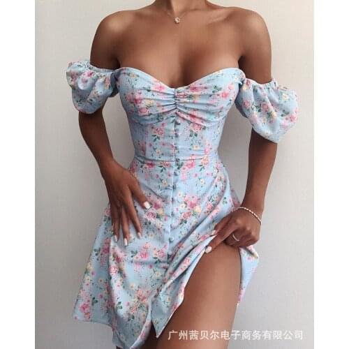 Sexy Split Fork Sheath High Waist Club Party Night Sexy StyleWomen Fashion Minidress Slash Neck Short Puff Sleeve Print Floral