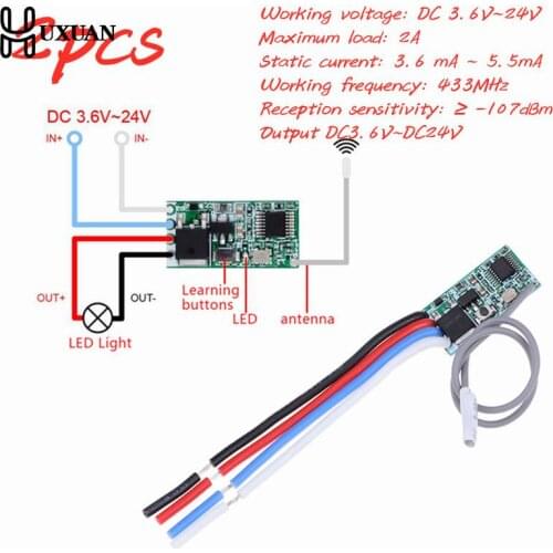 2pcs 433 Mhz 1CH RF Relay Receiver Universal Wireless Remote Control Switch Micro Module LED Light Controller DC 3.6V-24V DIY