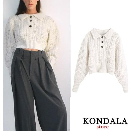 KONDALA Women Sweater Za 2020 Casual Cotton Thick Winter Sweaters White Button Loose Elegant Pullovers Female Office Wear Tops