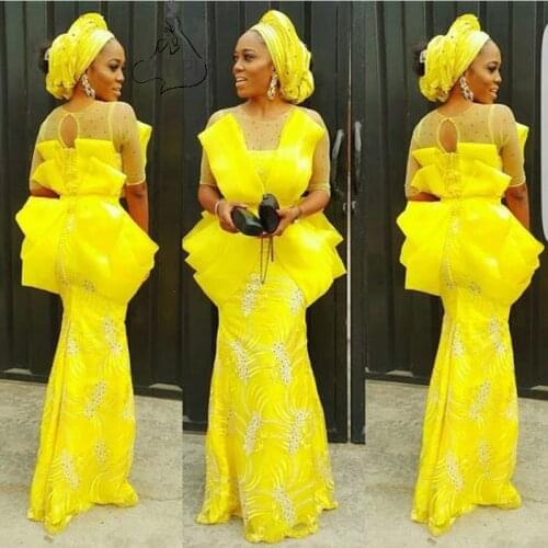 Aso Ebi Yellow Prom Dresses 2020 Mermaid Ruffles Appliqued Beading Sheer Neck Half Sleeves Evening Dress Nigerian Party Gowns