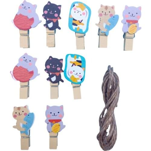10 Pack/lot Kawaii Fortune Cat Wooden Paper Clip For Album Message Mini Natural Wooden Clips Craft Decoration Clips Pegs