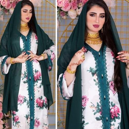 AB041 Veiled Female Dress Abaya White Muslim Headscarf Arabic Clothing World Apparel Store Hijab Woman Suit Flower Elegant Eid