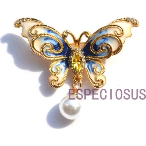 Elegant Pin Gold Color Women Gift Butterfly Breast pin Acrylic Pearl Accessories lady Jewelry Blue Painted Brooch Banking finish