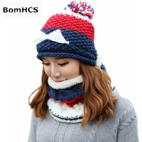 BomHCS 2PCS Suit Womens Thick Warm Hat + Scarf 100% Handmade Knitted Cute Beard Pattern Beanie Neckerchief