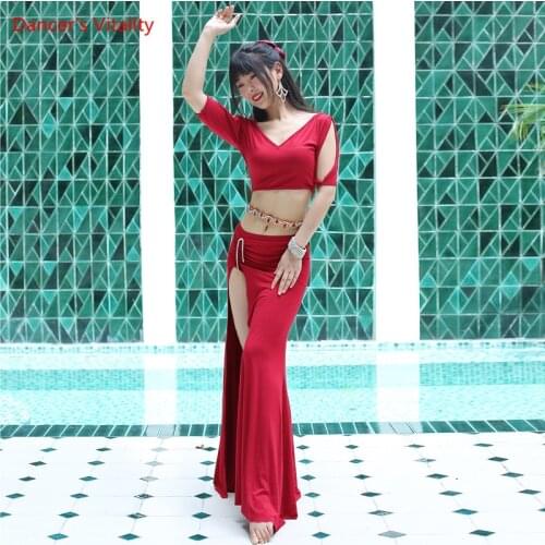 Belly Dance Suit Female Adult Elegant Modal Top Practice Clothes Set Women Lace V-neck shirt Long Skirt Performance Clothing