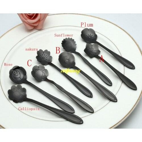 100pcs/lot 12.5*2.5cm Black color Flower Spoon Stainless Steel Cherry Blossoms Sakura Rose Measuring Tea Coffee Scoop Gift