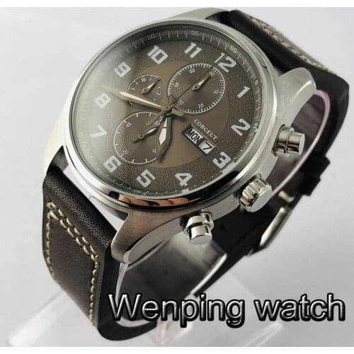 Corgeut 41mm chronograph watch silver steel case brown dial date week waterproof leather strap mens quartz watch