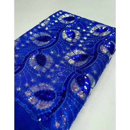 Latest Royal Blue French Mesh Lace Fabric Heavy Sequins Embroidery African Tulle Lace Fabric For Nigeria Wedding Party Sequins