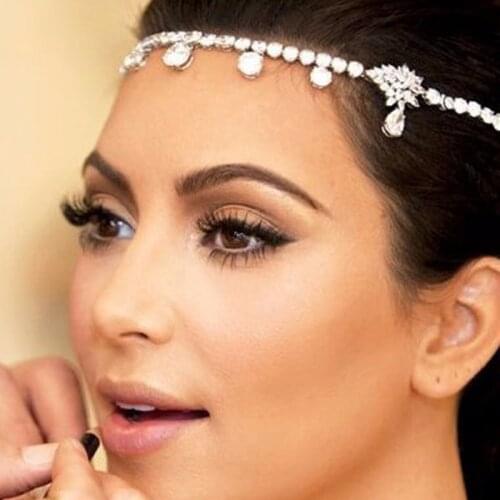 Silver Crystal Bride Headchain Rhinestone Forehead Tiara Headband Flower Wedding Hair Accessories Bridal Head Piece For Women