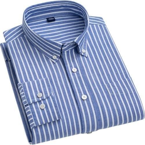 AOLIWEN brand men 100% cotton Oxford Striped Plaid Solid color Shirt Trend casual soft wrinkle resistant long sleeve slim shirts