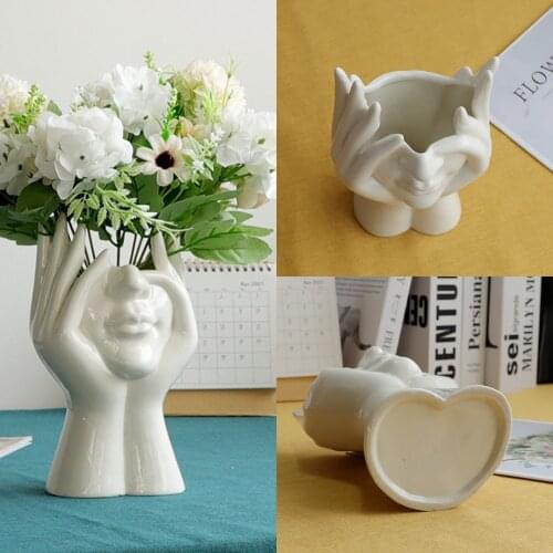 White Hand Holding Face Vases Ceramic Human Face Flower Vase Art Sculpture Human Head Abstract Plant Flower Pot Home Decor