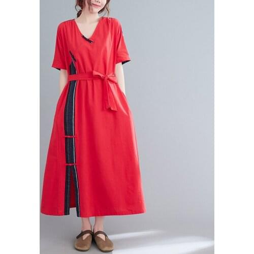 Patchwork Vintage Chinese Style Dress 2021 New Arrival Cotton Linen Loose Summer Dress Sashes Slim Women Casual Long Dress