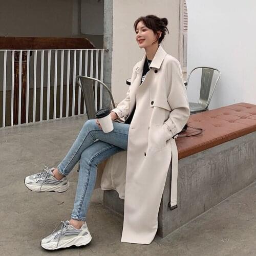 2021 Autumn New Women Windbreaker Long Sleeve Ladies Pocket Belt Windproof Single-Breaste Wool Blend Coat Long Female Outwear