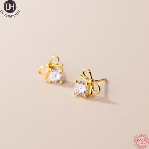 Dreamhonor 14K Gold Color Bowknot Zircon Stud Earrings For Women 925 Sterling Silver Wedding Jewelry