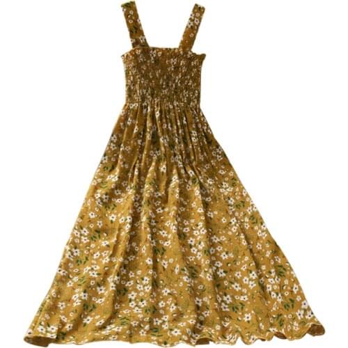 Women New Chic Floral Print Elastic Pleated Dress Sleeveless High Waist Casual A-line Vestidos Summer Camisole Dresses 2021