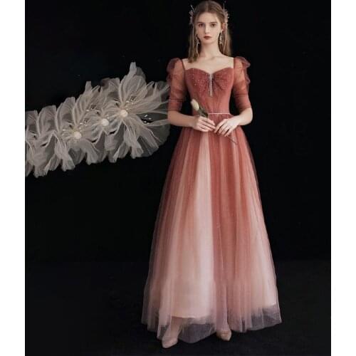 Evening Dress Sequins New Empire Luxurious Half Sleeves Lace Up A-Line Square Collar Floor-Length Woman Formal Party Gowns A1377
