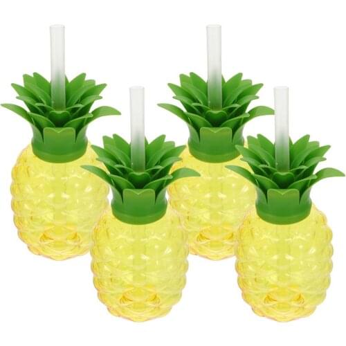 4pcs Hawaii Party Pineapple Shaped Drinking Cups with Straw Summer Beach Party Birthday Hawaiian Party Tropical Decoration