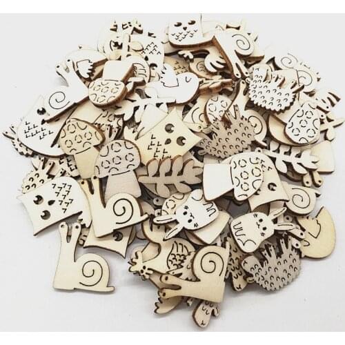 50pcs wood crafts natural environmental protection cartoon carved rabbit owl sheep shaped pieces of wood