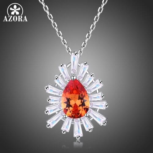 AZORA Unique Pear Cut Orange Cubic Zirconia Women Chain Pendant Necklaces Clear CZ Stone Wedding Jewelry for Femme Girl TN0240