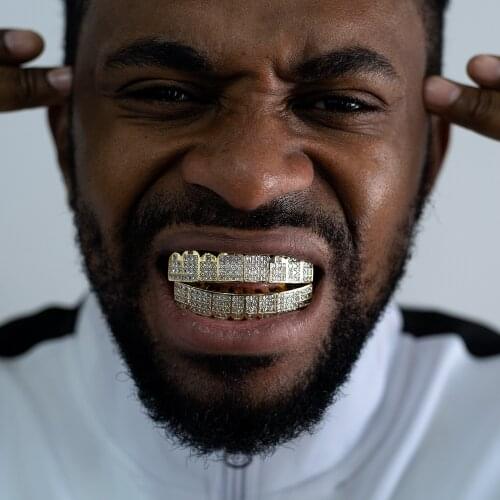 Luxury Rapper Iced Out Square CZ Gold Teeth Grillz Top Bottom Grills For Men Women Punk Vampire Fake Tooth Cap Fashion Jewelry