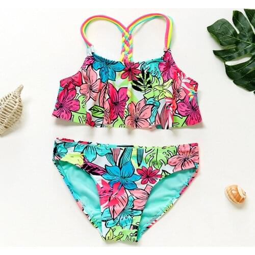 Ruffled Split Childrens Swimsuit Summer Guick-drying Girls Front Chest Printed Kids Swimwear Teenager Children Swim Set Biquin