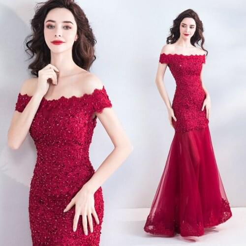 Temperament Ladies Wine Red Fishtail Evening Dress Banquet Performance Wedding Evening Dress Mermaid Dress Evening Dresses Long
