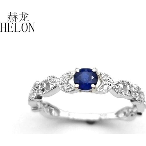 HELON Solid 14K White Gold Flawless 4mm Round 100% Genuine Sapphires & Natural Diamonds Wedding Ring Vintage Fine Jewelry