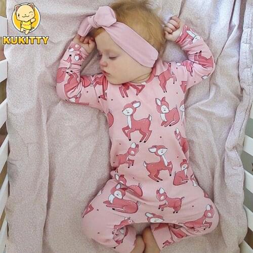 Baby Girls Romper Cotton Long Sleeve Pink Deer Print Jumpsuit Newborn Baby Girls Clothes Pajamas Infant Clothing Outfits