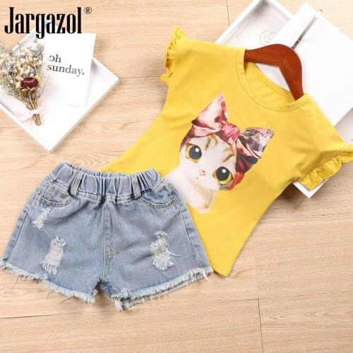 Kids Girls Clothes Set Summer Cotton Cute Cat Shirt and Jeans Shorts 3 Pcs Clothing Set Kids Tracksuit New Brand Outfits