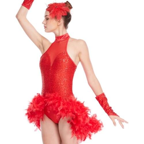 MiDee Latin Dance Costume Adult New Halter Neck Dress Feathers Precisely Dance Competition Performance Clothes