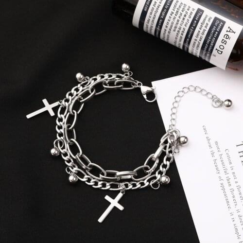 Minar Punk Hip Hop Metallic Cross Pendant Charm Bracelet for Women Multi Layers Beaded Link Chain Bracelets Statement Jewelry