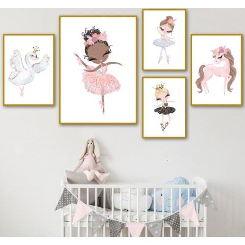 Cartoon Pink Unicorn Swan Girl Crown Flower Nordic Posters And Prints Wall Art Canvas Painting Wall Pictures Kids Room Decor