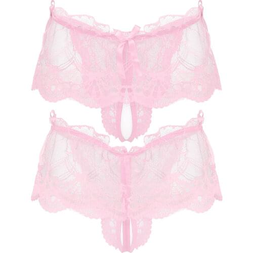 Sissy Male Gay Underwear Mens Panties See-through Lace Crotchless Thongs T-back Panties Low Waist Bowknot Lingerie Underpants