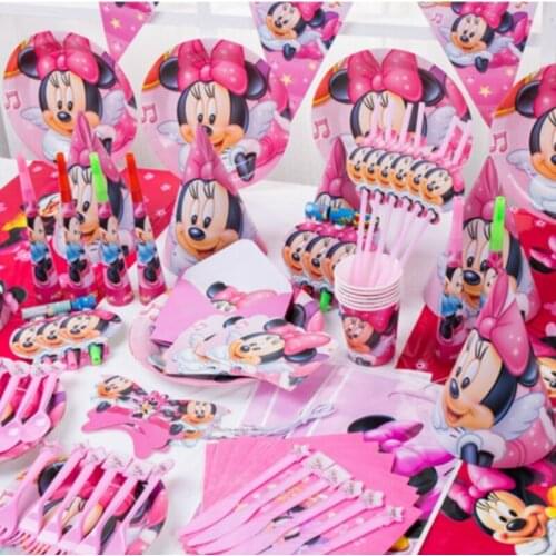 16set Disney Minnie Mouse Disposable Tableware Set Girls Birthday Baby Shower Decor for 6 Persons Supplies
