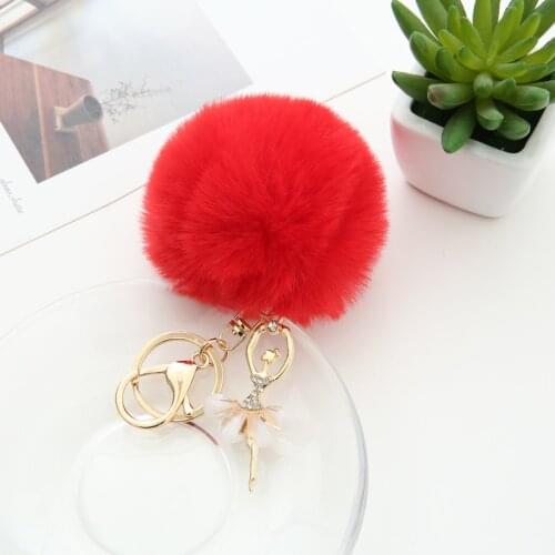 Rabbit Fur Ball Ballerina Girl Key Chain Fur Pom Pom Chaveiro Car Key Ring Crystal for Women Bag Keys Accessories Gift PR5001