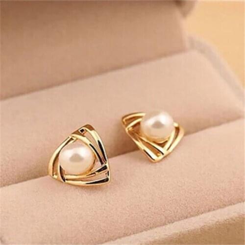 Fashion Triangle Simulated White Pearl Earring Female Hollow Gold Silver Color Stud Earrings For Women Jewelry Accessory