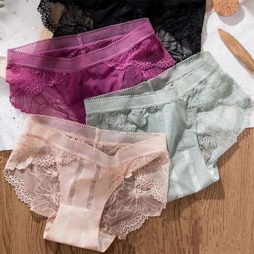 3Pcs/Pack Sexy Women Hollow Out Lace Briefs Lingerie Seamless Underpants Pure Color Breathable Ice Silk Panties Underwear Female
