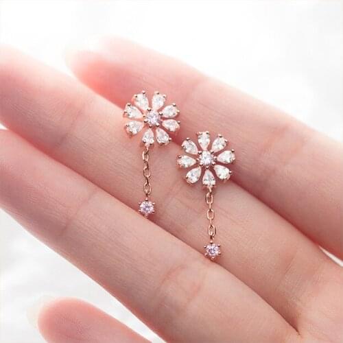 Authentic Real 100% 925 Sterling Silver fine Jewelry Prong White/Pink crystals Flower Tassel dangle Long Earrings Gtle2899