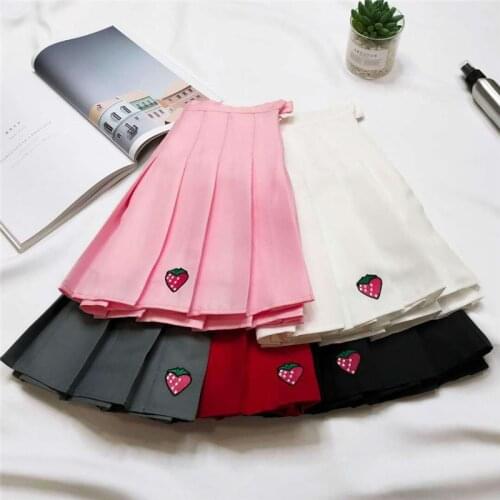 Skirts Women High Waist Mini Denim Skirts Strawberry Cute Pleated Skirt Harajuku Japanese School Uniform Skirt Girl