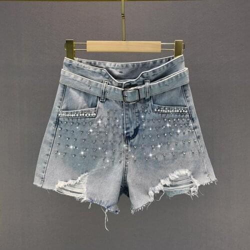 Beaded Denim Shorts Women 2021 Summer New High Waist Loose Hole Jean Shorts Student Wide Leg Hot Pants Ladies streetwear G926