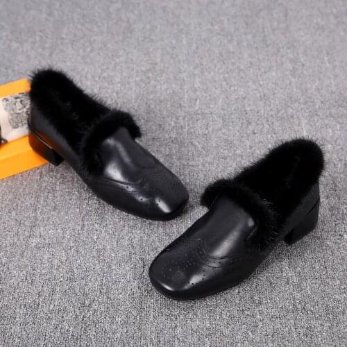 OLOMLB Womens Carved Real Leather Mink Fur Block Heel Loafers Warm Winter Square Toe Brogue Shoes Snow Luxury Black