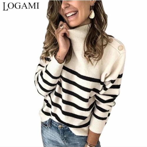 LOGAMI Turtleneck Button Shoulder Sweaters Women Striped Casual Pullover Jumper 2020 New Autumn Sweater