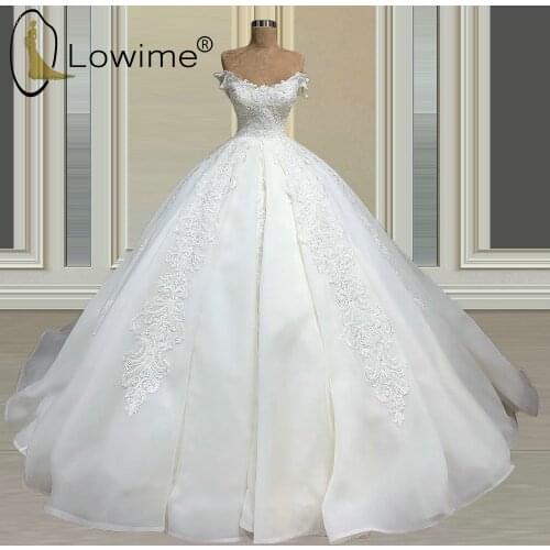Ivory Puffy Ball Gown Wedding Dresses Off Shoulder Strapless Lace Organza Beading Bridal Gowns