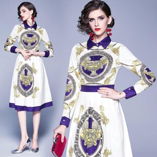 2021 Spring Autumn Women Runway Designer Luxury Printed Short Sleeve Ball Gown Dress Elegant Party Knee Length Big Swing Dresses