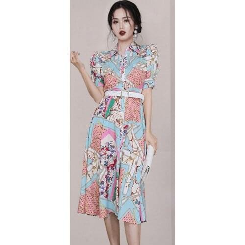 Women Vintage Print Button Shirt Dress 2021 Summer Short Sleeve Turn-down Collar Belt A Line Casual Midi Dresses Vestidos