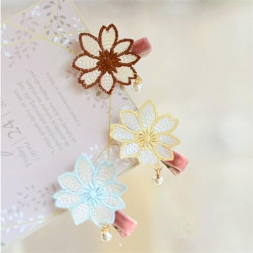 12pcs/Lot 2021 New Fashion Embroidery Flower Hair Clip Lovely Lolita Girl Hairpins Artificial Pearls Pendant Hair Decoration