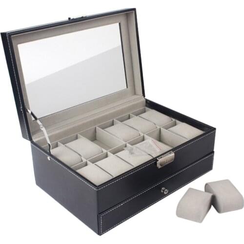 12 Slot Black Watch Storage Box Jewelry Display Holder Container Lockable