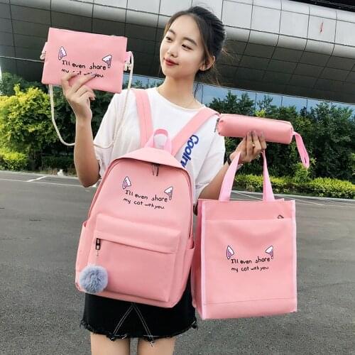 4Pcs/Set Women Canvas Backpack Fashion Travel Rucksacks Leisure Backpacks For Teenage Girls Cat Ear Letters Print School Bagpack