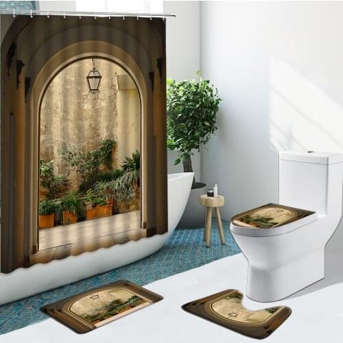 4Pcs Creative Arches Shower Curtains Flowers Wooden Door Non-Slip Rugs Lid Toilet Cover Bath Mat Carpet Bathroom Home Decor Set