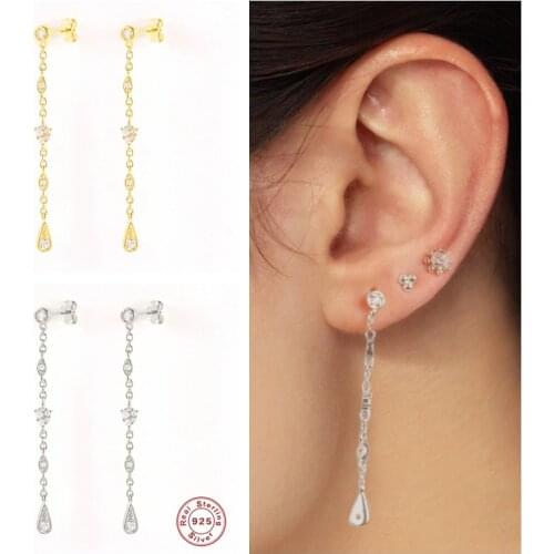 GS 925 Sterling Silver Waterdrop Zircon Pendant Long Chain Tassel Dangle Earrings For Women Gift Delicate Party Drop Earrings